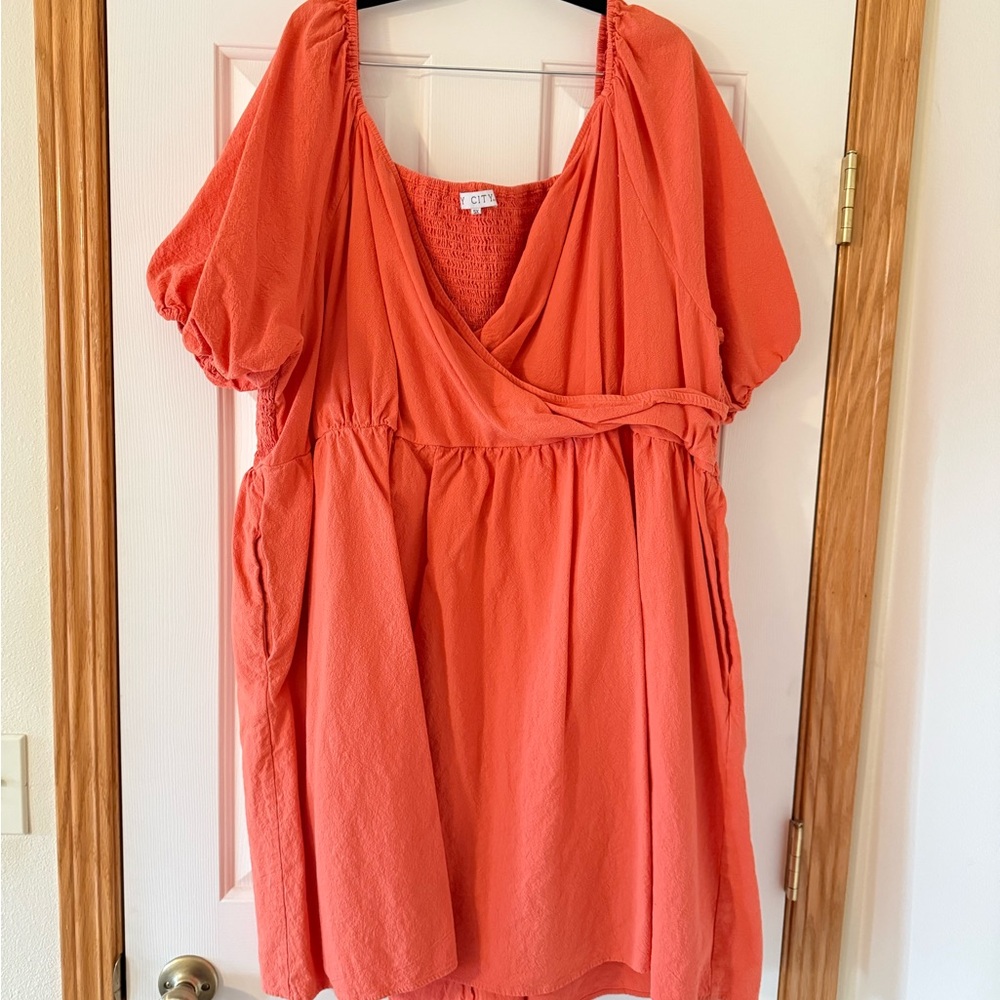 Ivy City Co coral dress with puff sleeves